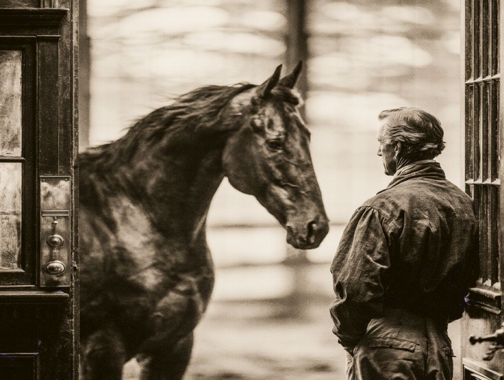 Cavalo e tratador junto à porta de uma cocheira